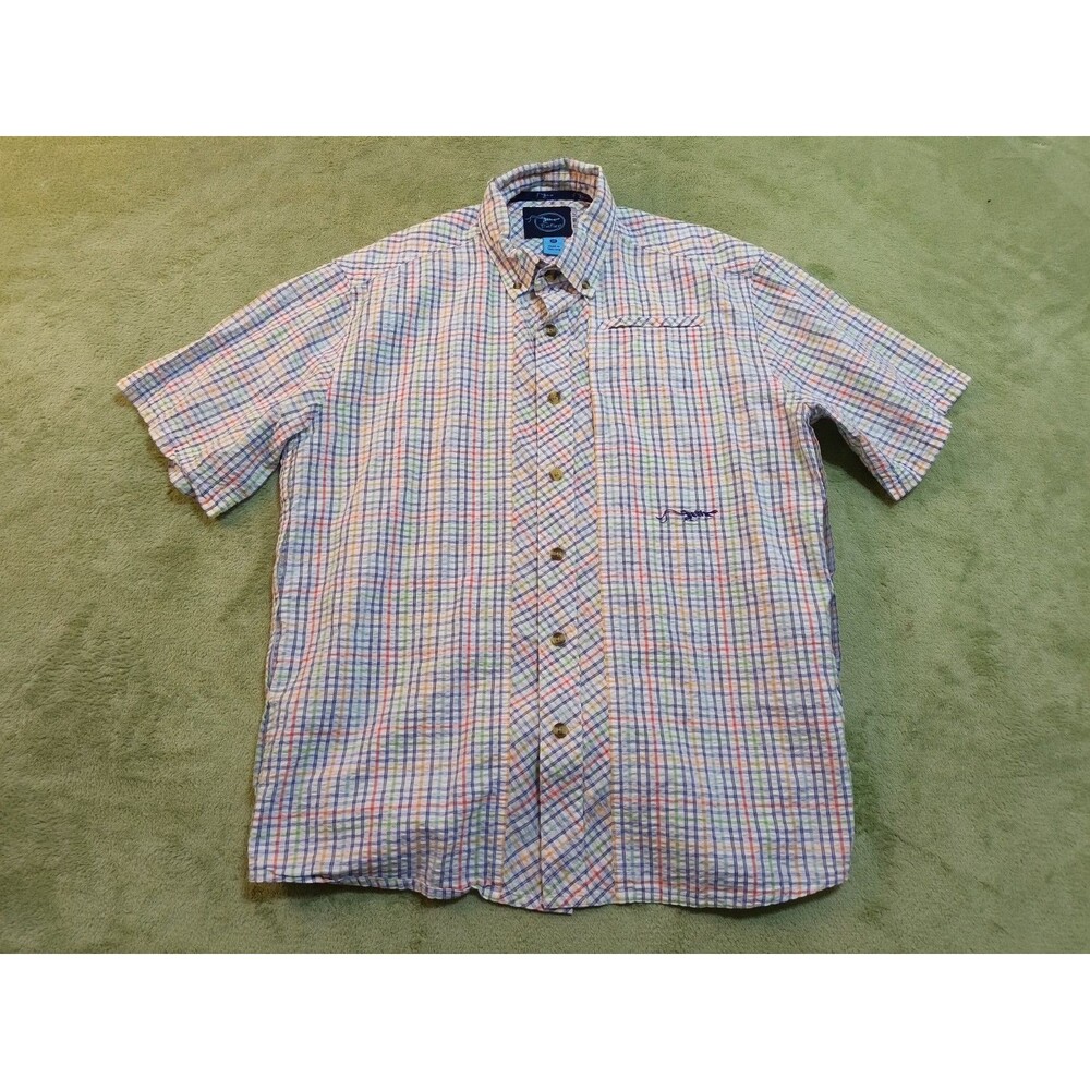TrueFlies Med  Plaid Seersucker Shirt Short Sleeve Cotton Fishing Casual Outdoor